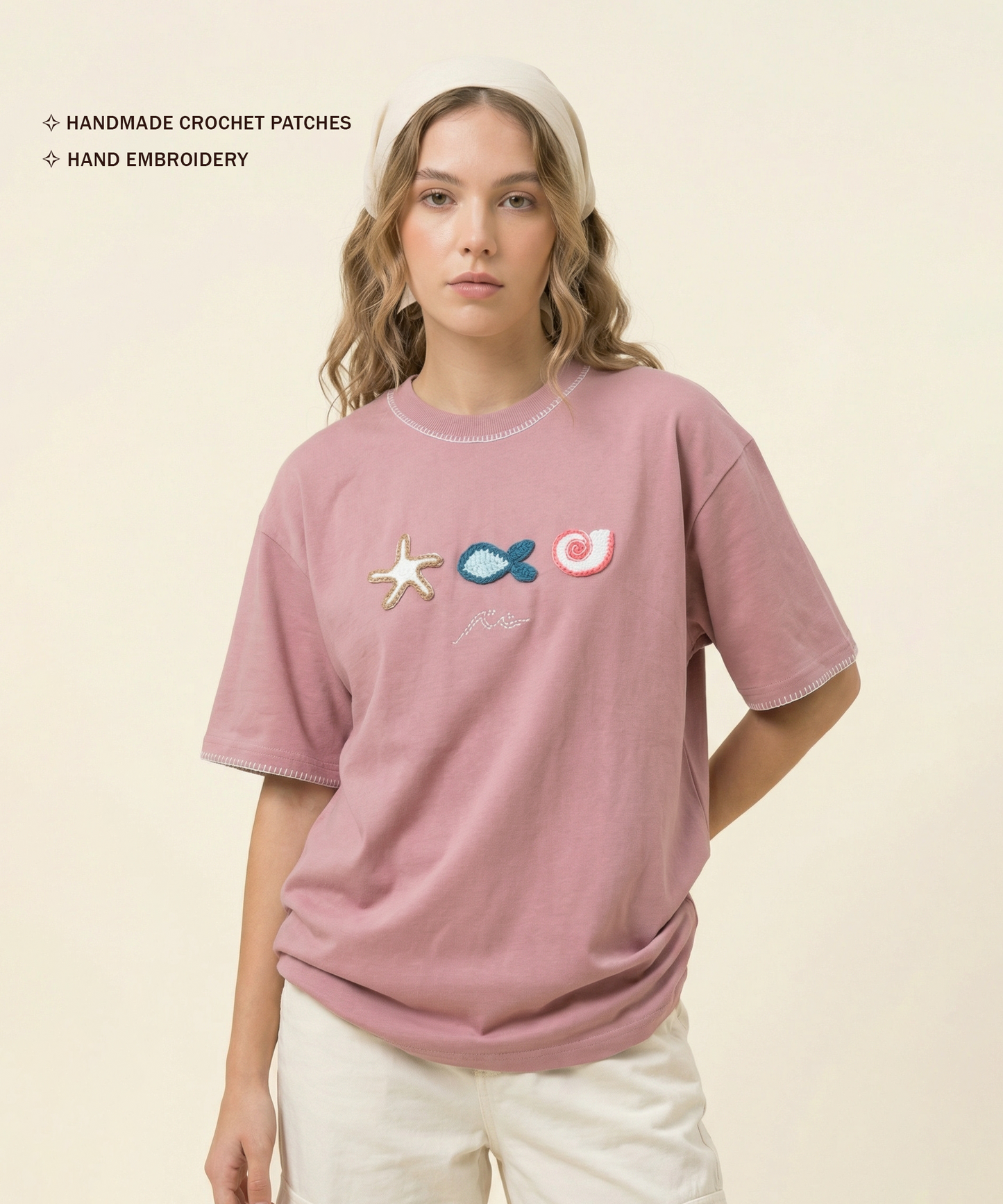 Unisex Oversized Cotton T-Shirt with Hand Embroidery & Crochet – The Ocean Crest Tee | Ocean Whispers Collection