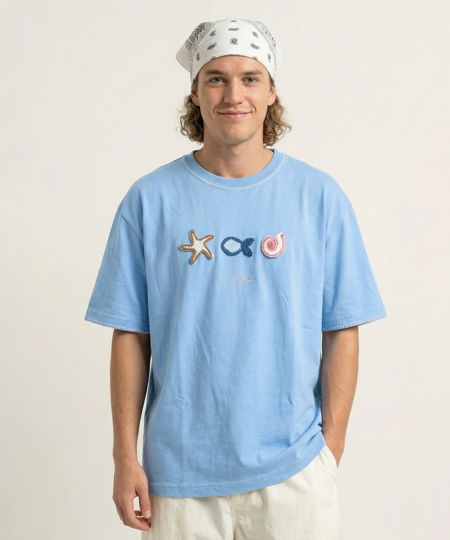 Unisex Oversized Cotton T-Shirt with Hand Embroidery & Crochet – The Ocean Crest Tee | Ocean Whispers Collection
