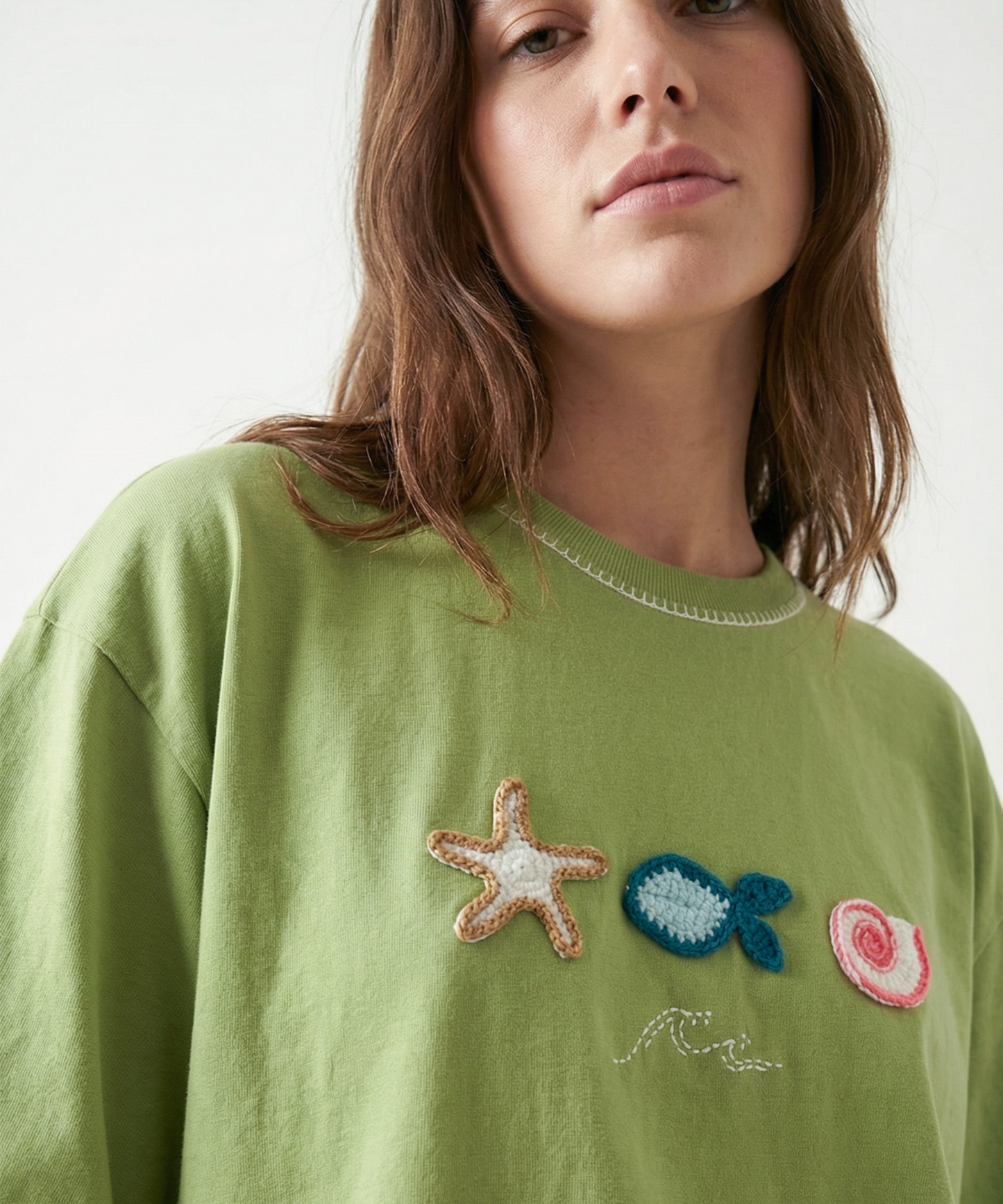 Unisex Oversized Cotton T-Shirt with Hand Embroidery & Crochet – The Ocean Crest Tee | Ocean Whispers Collection